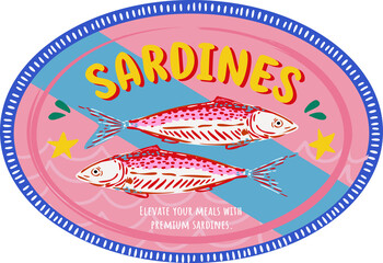 Trendy Canned sardines .Colorful  retro hand drawn Illustration
