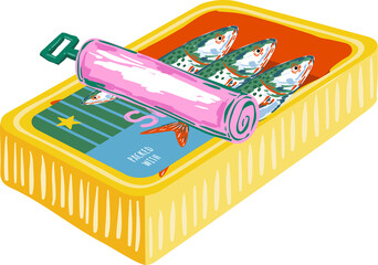 Trendy Canned sardines .Colorful  retro hand drawn Illustration