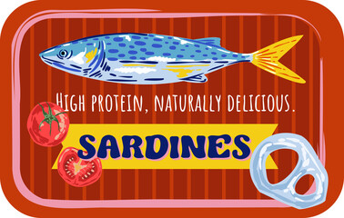 Trendy Canned sardines .Colorful  retro hand drawn Illustration