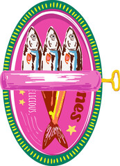 Trendy Canned sardines .Colorful  retro hand drawn Illustration