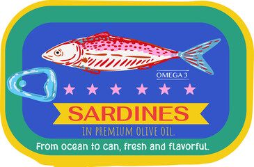 Trendy Canned sardines .Colorful  retro hand drawn Illustration