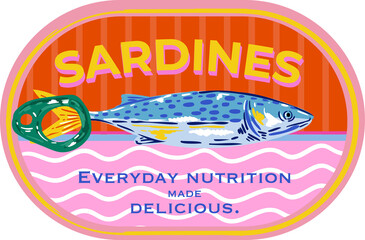 Trendy Canned sardines .Colorful  retro hand drawn Illustration