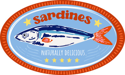 Trendy Canned sardines .Colorful  retro hand drawn Illustration