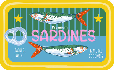 Trendy Canned sardines .Colorful  retro hand drawn Illustration