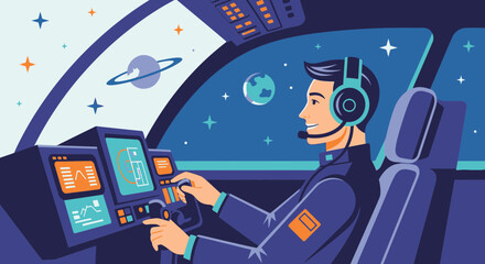 Astronaut piloting spaceship cockpit with holographic displays and view of planets and stars