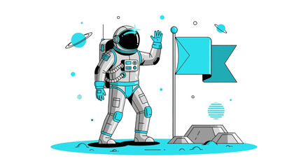 Astronaut waving hello next to flag on moon surface, space exploration concept