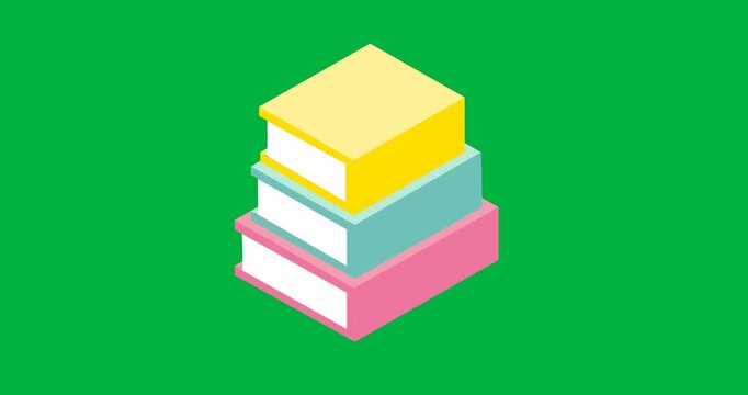 Digital animation of stack of colorful books icons against black background