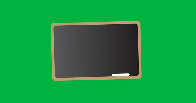 Digital animation of wooden slate and chalk icons against black background