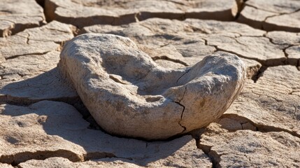 A sun bleached animal molar fragment is embedded in cracked dry earth