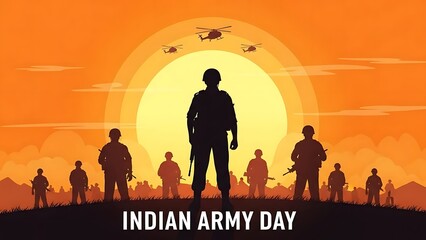 Indian Army Day Celebration with Silhouettes of Soldiers and Helicopters Against a Sunset Background.