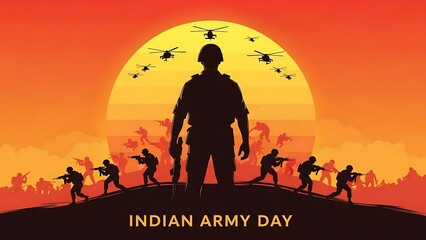 Indian Army Day Commemoration with Soldier Silhouettes and Sunset.