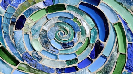 A swirling mosaic pattern crafted from smooth sea worn glass fragments in calming shades of blue and green