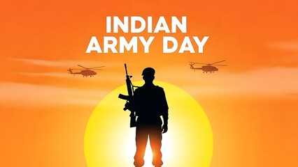 Indian Army Day Soldier Silhouette with Helicopters at Sunset.