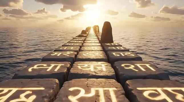 Mythical cinematic video of Rama Setu being built across the ocean, stones floating magically over water as sacred names glow faintly on them.