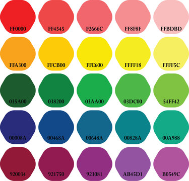 Vibrant color palette with twenty five hex code swatches on white background for graphic design and digital art with color swatches and design elements