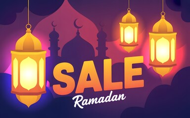Ramadan Big Sale Banner with Gold Crescent Moon and Lanterns over Purple Sky