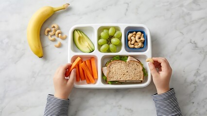 Child's hands reaching for healthy lunch items including a sandwich carrots and fruit from a partitioned bento box overhead view
