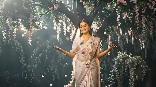 Goddess Sita in Ashoka Vatika, Dramatic scene from the epic Ramayana, ancient Indian mythology comes alive