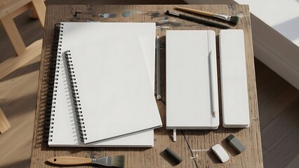 Artistic Workspace Flat Lay with Sketchbooks, Pencils, and Erasers on Wooden Table.