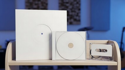 Blank Vinyl Record, CD, and Cassette Tape Displayed on a Wooden Shelf.