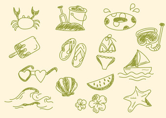 Playful tropical beach doodle icons including crabs, shells, waves, boats, sandals, fruit, flowers, and fun summer objects. Great for travel blogs, labels, kids prints, cards, stickers, and beach-them