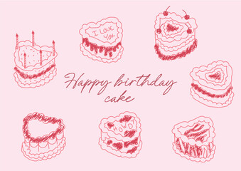 Adorable hand-drawn birthday cake doodles with heart-shaped designs and &ldquo;Happy Birthday&rdquo; lettering. Ideal for party invitations, greeting cards, stickers, social media posts, and celebration projects.