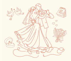 Elegant hand-drawn line art of a bride and groom dancing at their wedding. Perfect for invitations, greeting cards, wedding stationery, logos, prints, and romantic design projects. Simple, stylish, an