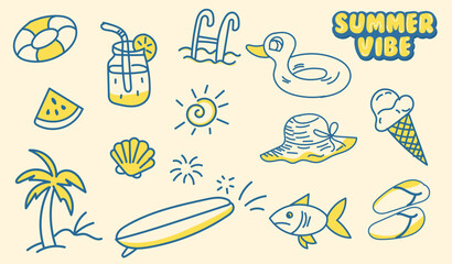 Cute hand-drawn summer doodle icon set featuring beach accessories, drinks, float rings, sun, palm trees, fish, and fun vacation elements. Perfect for posters, stickers, social media graphics, invitat
