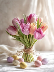 fresh tulip bouquet and easter eggs on the table, generative ai