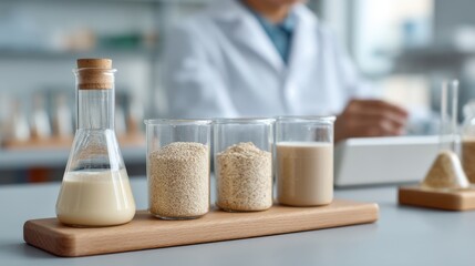Laboratory scene showcasing various milk samples including oat, almond, and soy in graduated containers for scientific research on dairy alternatives