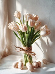 fresh tulip bouquet and easter eggs on the table, generative ai