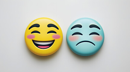 Two distinct emoji faces on a white background, one cheerful yellow happy face with wide smile and raised eyebrows, and one pale blue sad face with frown and downturned eyebrows, highlighting emotiona