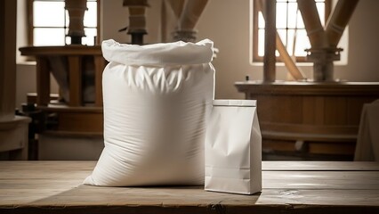 Two white sacks of flour on a wooden table in a rustic mill setting, ready for baking.