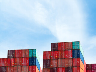 Fototapeta premium argo ship container goods export import international transport on blue sky background, warehouse industry business logistics transportation harbor port industrial shipping terminal cargo ship.