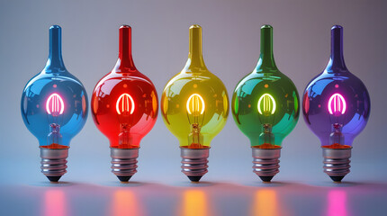 Five identical glass light bulbs in a row, each glowing in vibrant red, blue, green, yellow, and purple, with metal bases, subtle glow effect, shallow depth of field, and neutral background highlighti