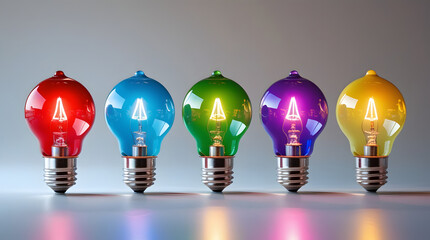 Five identical glass light bulbs in a row, each glowing in vibrant red, blue, green, yellow, and purple, with metal bases, subtle glow effect, shallow depth of field, and neutral background highlighti
