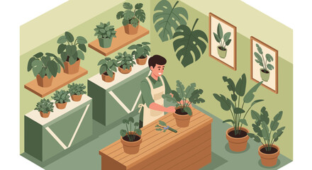 Gardener caring for houseplants in a cozy indoor plant shop, isometric view