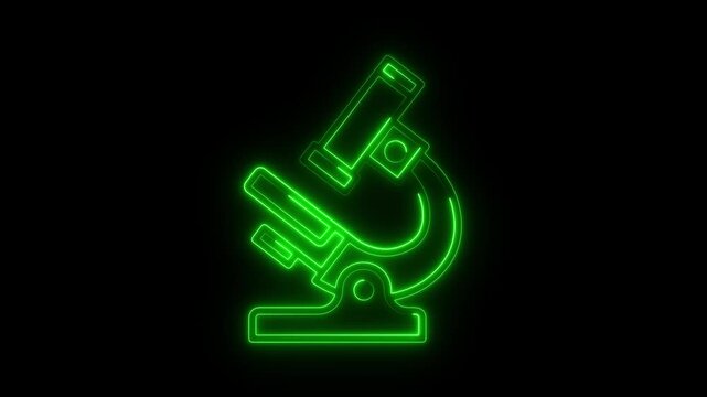 Neon microscope icon animation, glowing neon effect green microscope machine video animation,4K motion graphic representing chemistry, biology, microbiology, and pharmaceutical research.