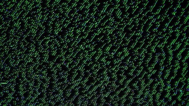 Abstract digital pattern with small, bright green diagonal lines on a dark background, resembling static or a textured screen.
