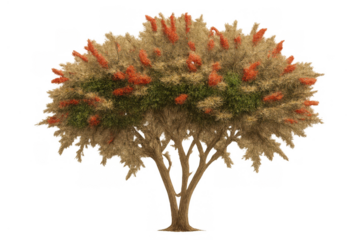 Tree with green foliage and orange blooms growing on transparent background, plant for nature and garden concepts