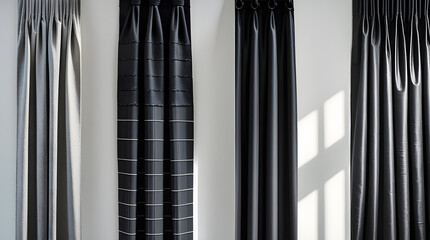 Collection of elegant black curtain styles on crisp white background, showcasing various patterns, textures, folds, stitching, and pleats for versatile, sophisticated interior decor, ideal for website