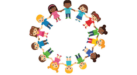 Obraz premium Joyful illustration of diverse children from around the world holding hands in a circle, symbolizing friendship, unity, and global inclusivity. Happy kids promoting community