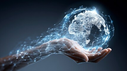 A hand, palm up, cradles a glowing, digital representation of the Earth, comprised of lines and points, with a dark background