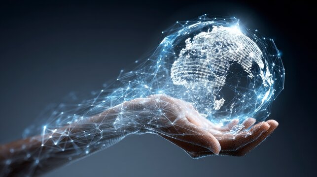 A hand, palm up, cradles a glowing, digital representation of the Earth, comprised of lines and points, with a dark background - Powered by Adobe
