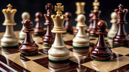 Close-up of intricately designed chess pieces in polished wood and marble, highlighting king and queen at the center, golden crown, regal presence, strategic positioning, checkered board, depth and re