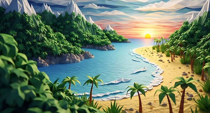 a vibrant low poly landscape featuring a serene beach lush green mountains and a beautiful sunset over the ocean