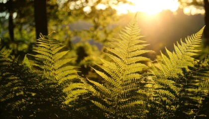 Ferns illuminated by sunlight in a forest environment with bokeh effect