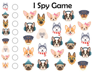 Obraz premium I Spy Dogs Worksheet for Kids – Fun Matching Game with Cute Cartoon Puppies