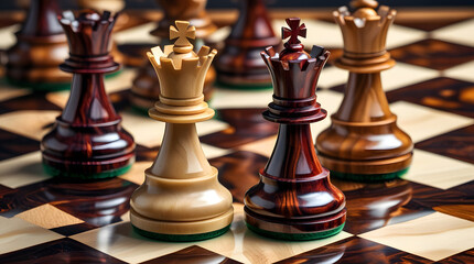 Close-up of intricately designed chess pieces in polished wood and marble, highlighting king and queen at the center, golden crown, regal presence, strategic positioning, checkered board, depth and re
