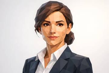Businesswoman portrait in polygon style: A digital artwork showcases a young woman in professional attire, her expression exuding confidence and approachability, perfect for modern business concepts.